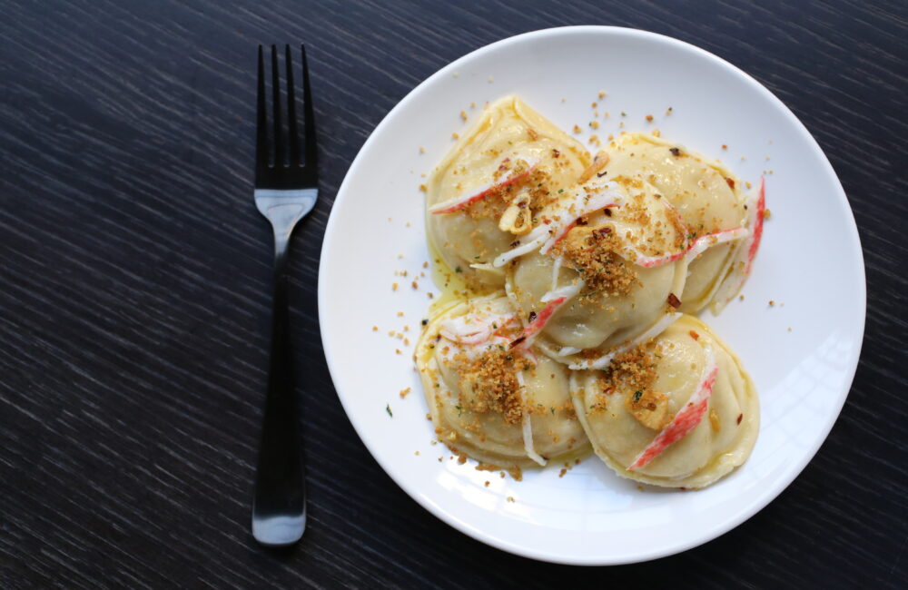 Crab Ravioli with Aglio, Olio, Peperoncino and Garlicky Breadcrumbs