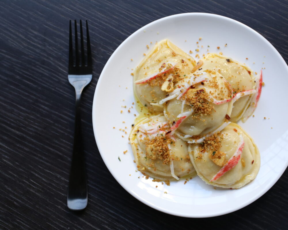 Crab Ravioli with Aglio, Olio, Peperoncino and Garlicky Breadcrumbs