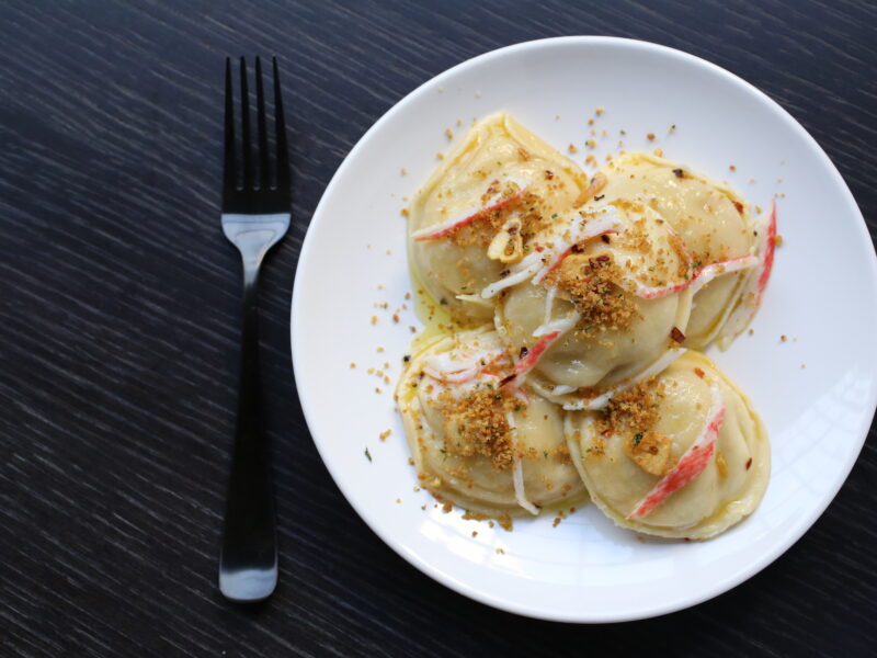 Crab Ravioli with Aglio, Olio, Peperoncino and Garlicky Breadcrumbs