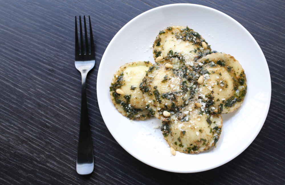 Cheese Ravioli with Pesto and Toasted Pine Nuts