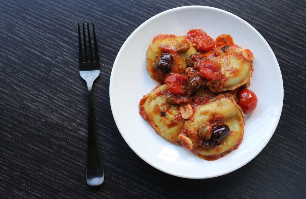 Spinach Ravioli with Olives, Capers and Cherry Tomatoes