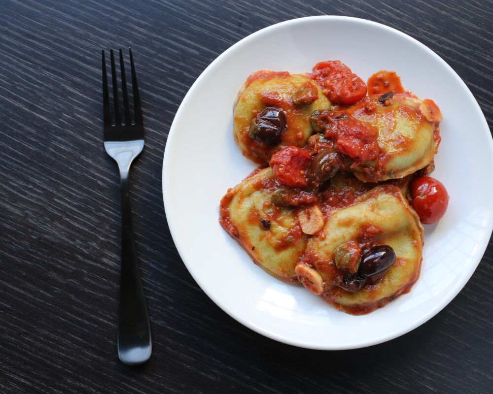 Spinach Ravioli with Olives, Capers and Cherry Tomatoes