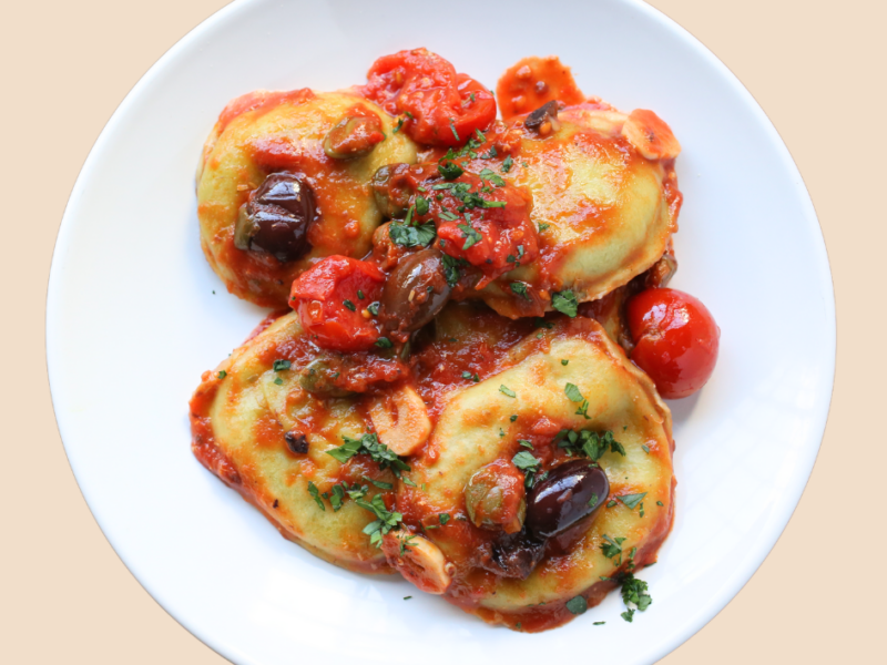 Spinach Ravioli with Olives, Capers and Cherry Tomatoes