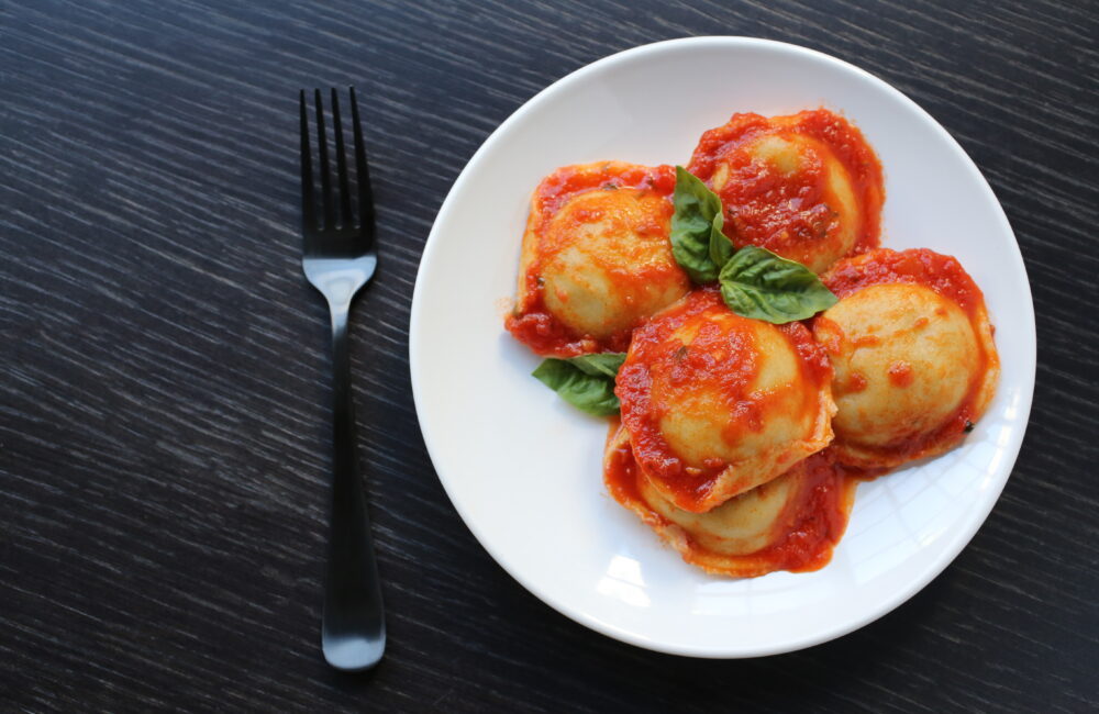 Beef Ravioli with Marinara Sauce and Fresh Basil