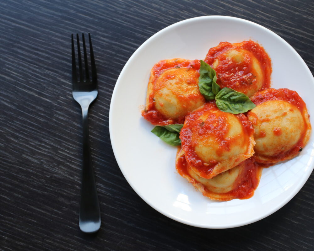 Beef Ravioli with Marinara Sauce and Fresh Basil