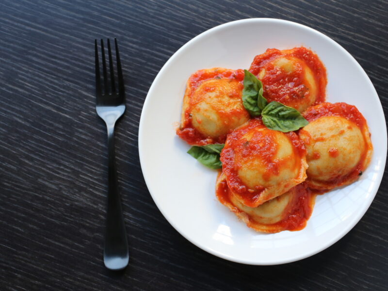 Beef Ravioli with Marinara Sauce and Fresh Basil