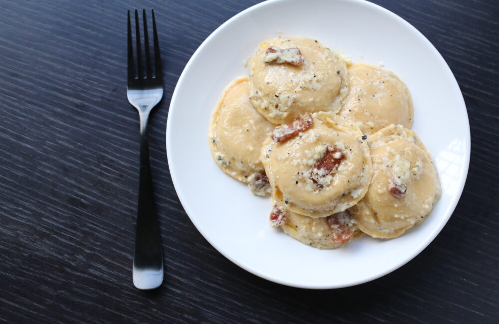 Roasted Butternut Squash Ravioli with Bacon, Cacio e Pepe