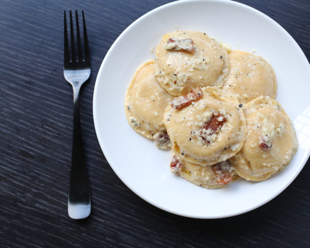 Roasted Butternut Squash Ravioli with Bacon, Cacio e Pepe