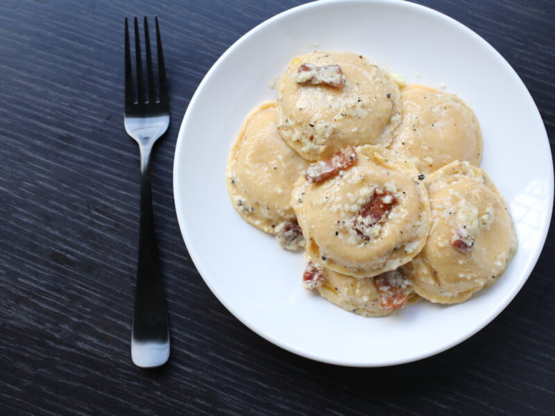 Roasted Butternut Squash Ravioli with Bacon, Cacio e Pepe