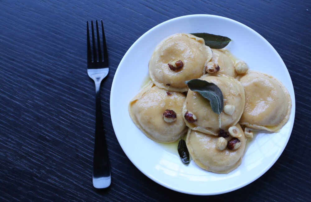 Pumpkin Ravioli with Brown Butter-Hazelnut Sauce and Fried Sage