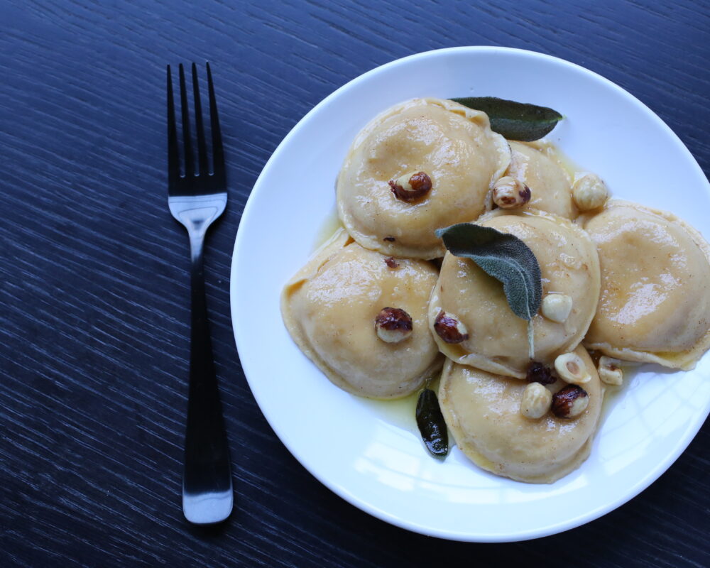 Pumpkin Ravioli with Brown Butter-Hazelnut Sauce and Fried Sage