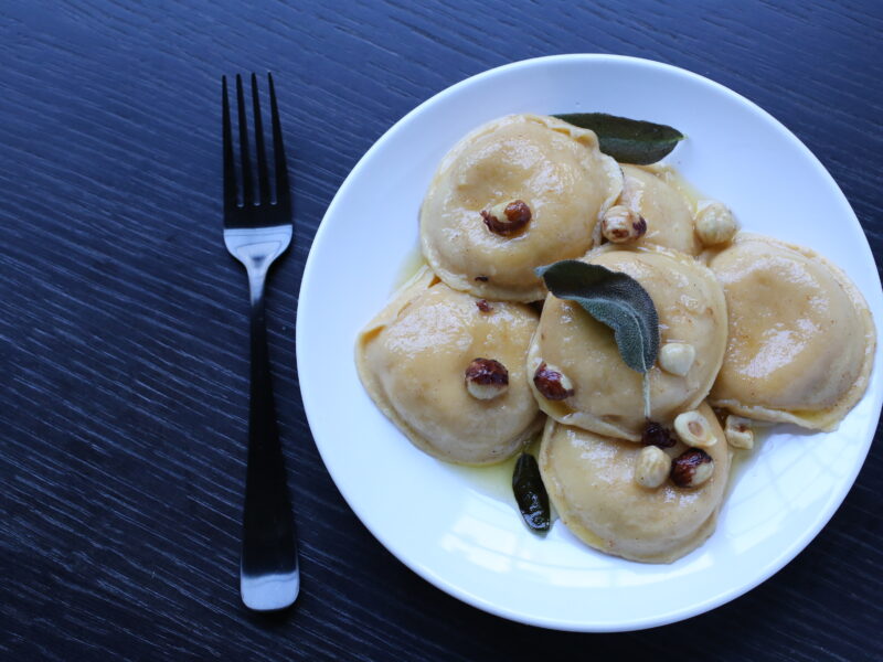 Pumpkin Ravioli with Brown Butter-Hazelnut Sauce and Fried Sage