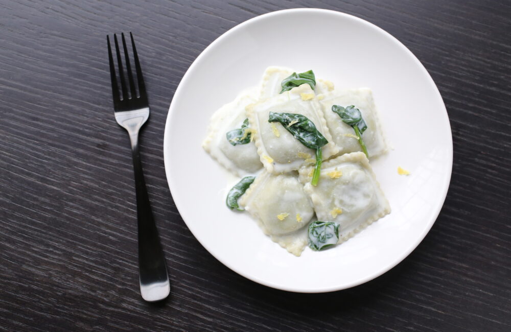 Spinach Ravioli with Lemony Ricotta Sauce and Wilted Spinach