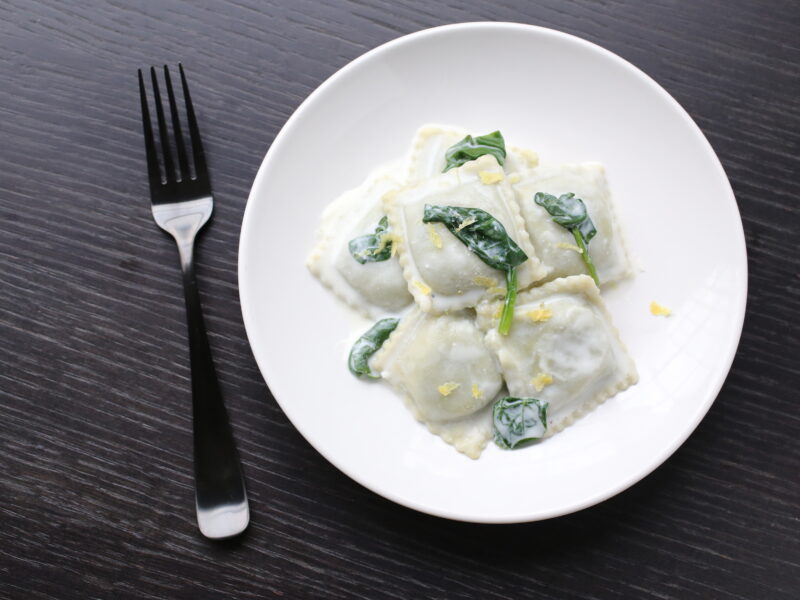 Spinach Ravioli with Lemony Ricotta Sauce and Wilted Spinach